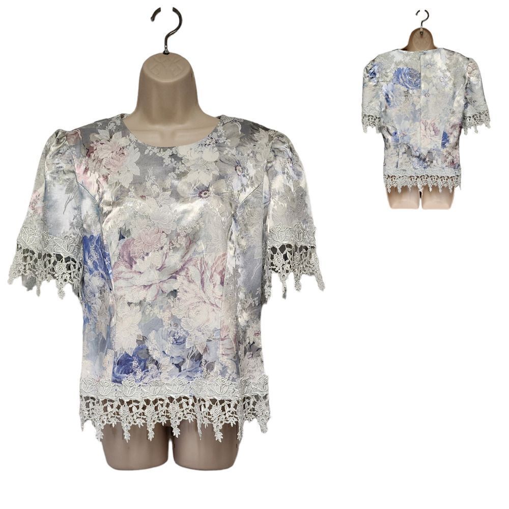 David Rose Vintage Floral Lace Multicolor Lilac Short Sleeve Blouse  Size 10
